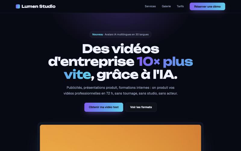 Exemple de landing page pour Lumen Studio, une agence de vidéos IA au style technologique sombre